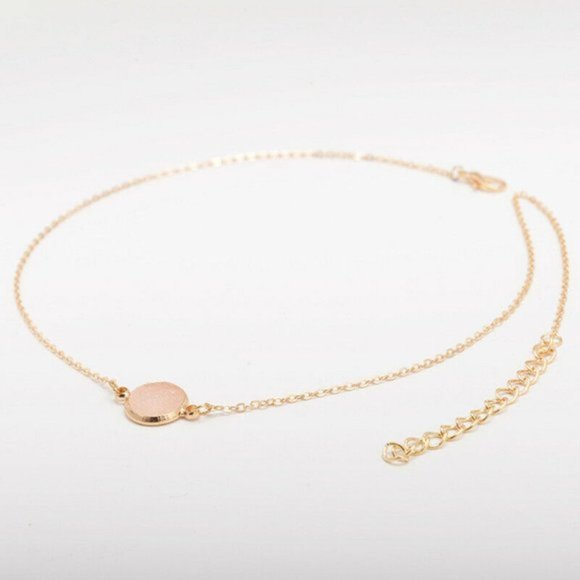 Peach Druzy Round Circle Pendant Dainty Minimalist Gold Chain Necklace - Picture 3 of 14